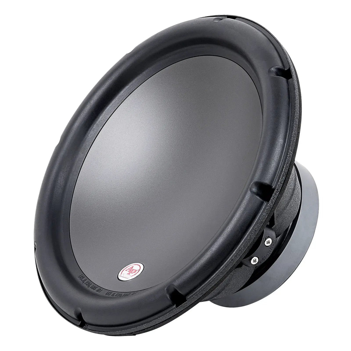 Angled Audiopipe woofer with a broad black surround, smooth gray cone and large magnet assembly