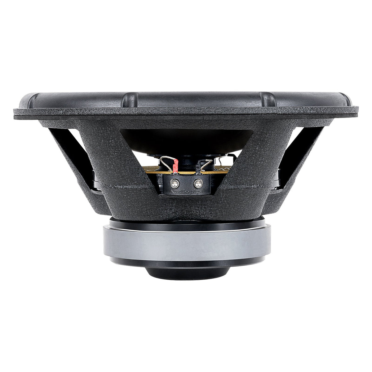 Side view of a black woofer showing its basket openings, red lead, terminal block and gray magnet