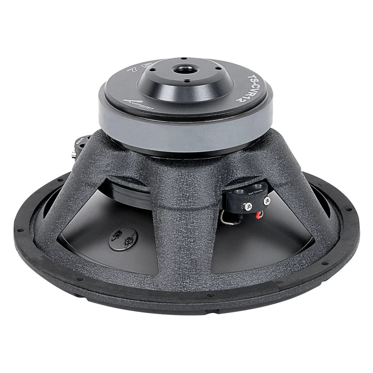 Rear angled view of a black woofer with a gray vented magnet and a terminal block at the right