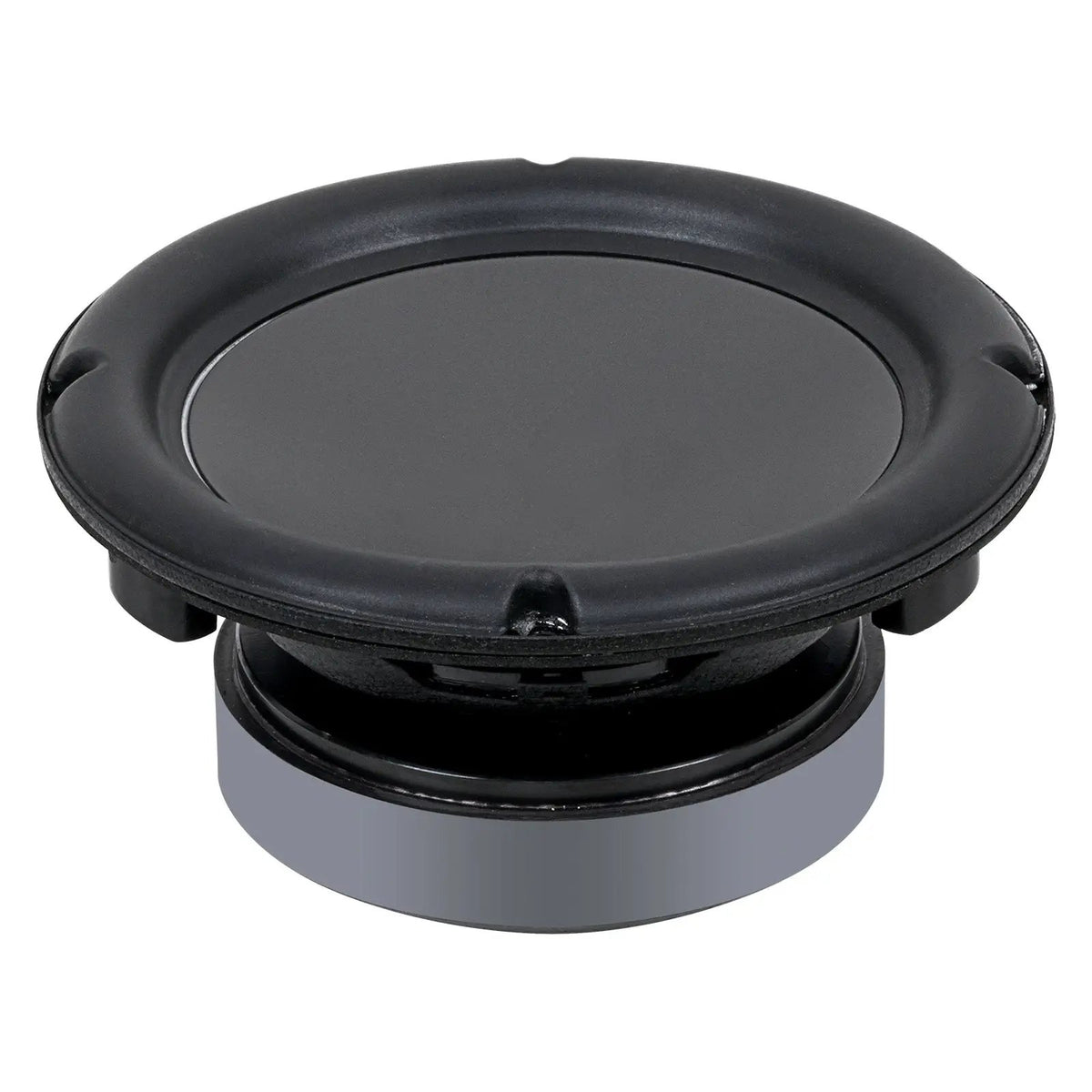 Low-angle woofer with a smooth gray cone, broad black surround and silver magnet assembly