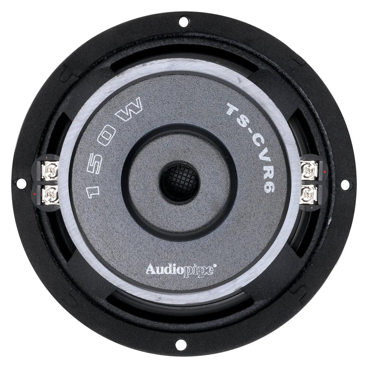 Rear view of an Audiopipe TS-CVR6 woofer with a 150W marking, central mesh vent and two terminal blocks