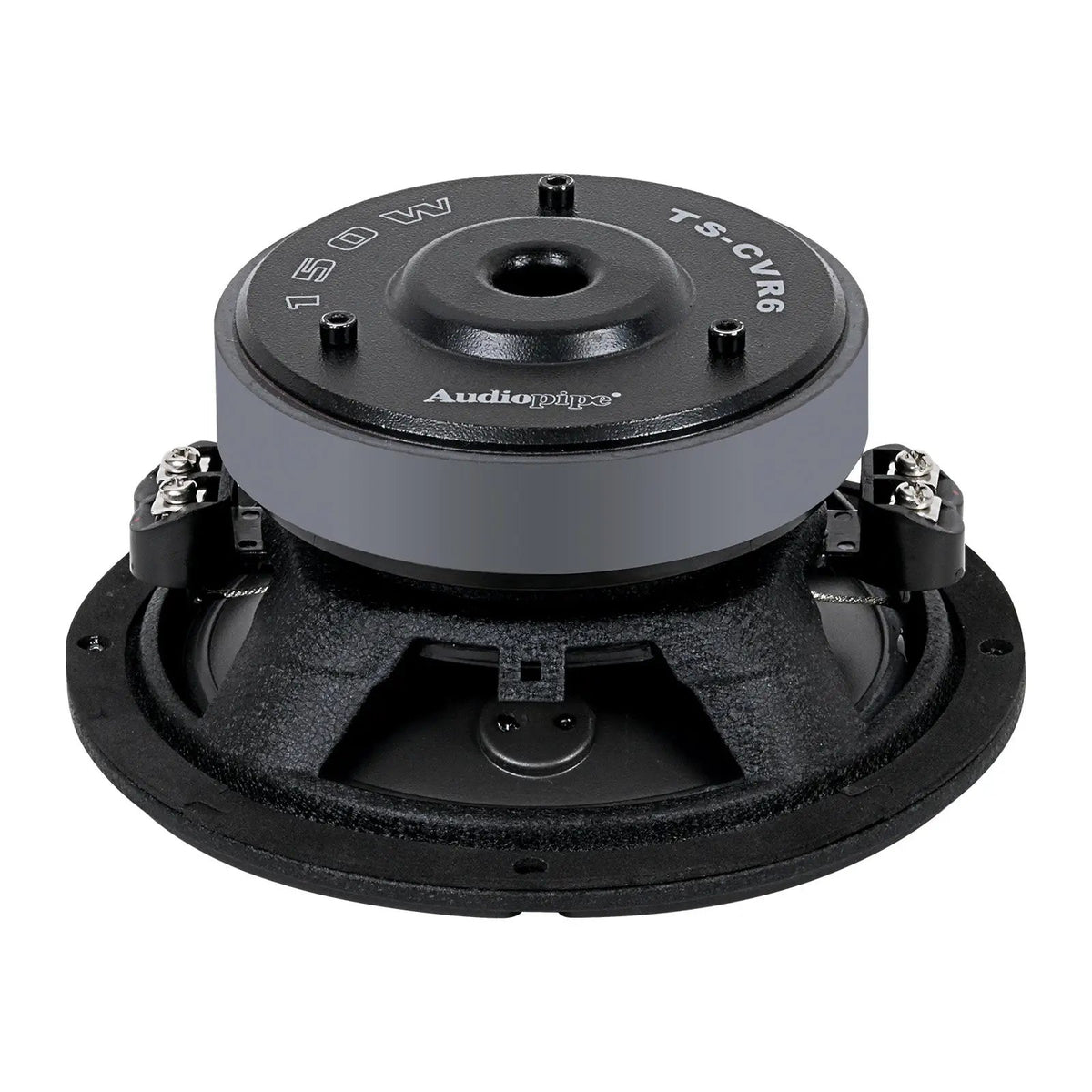 Rear angled view of a black woofer showing its gray magnet, open basket and two terminal blocks