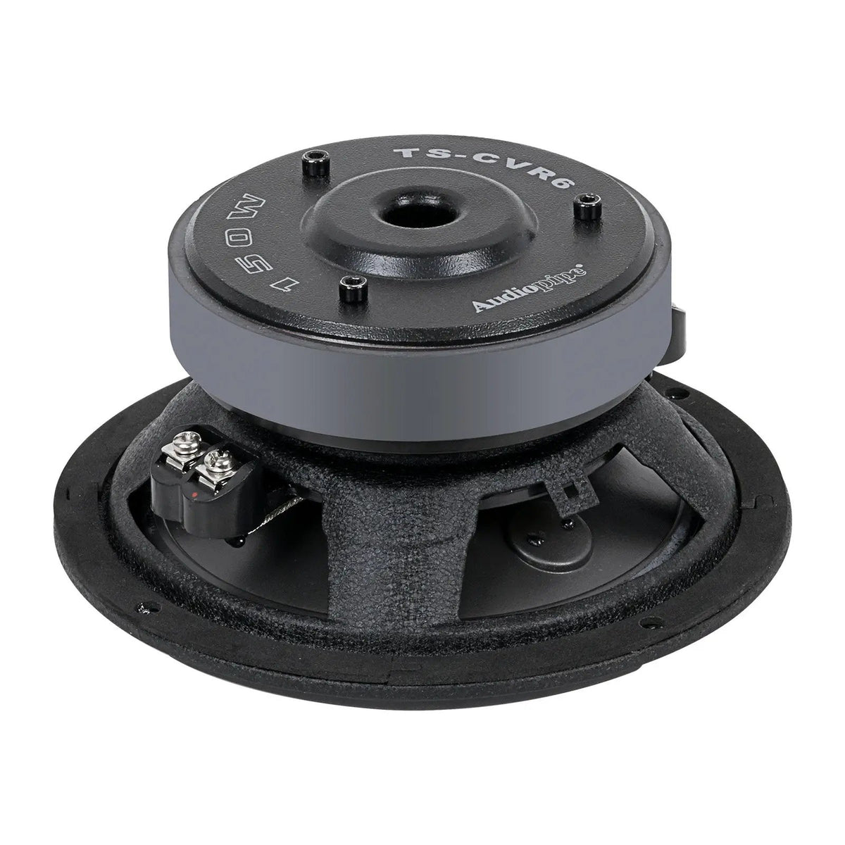 Angled rear view of Audiopipe woofer with labeled magnet and black basket