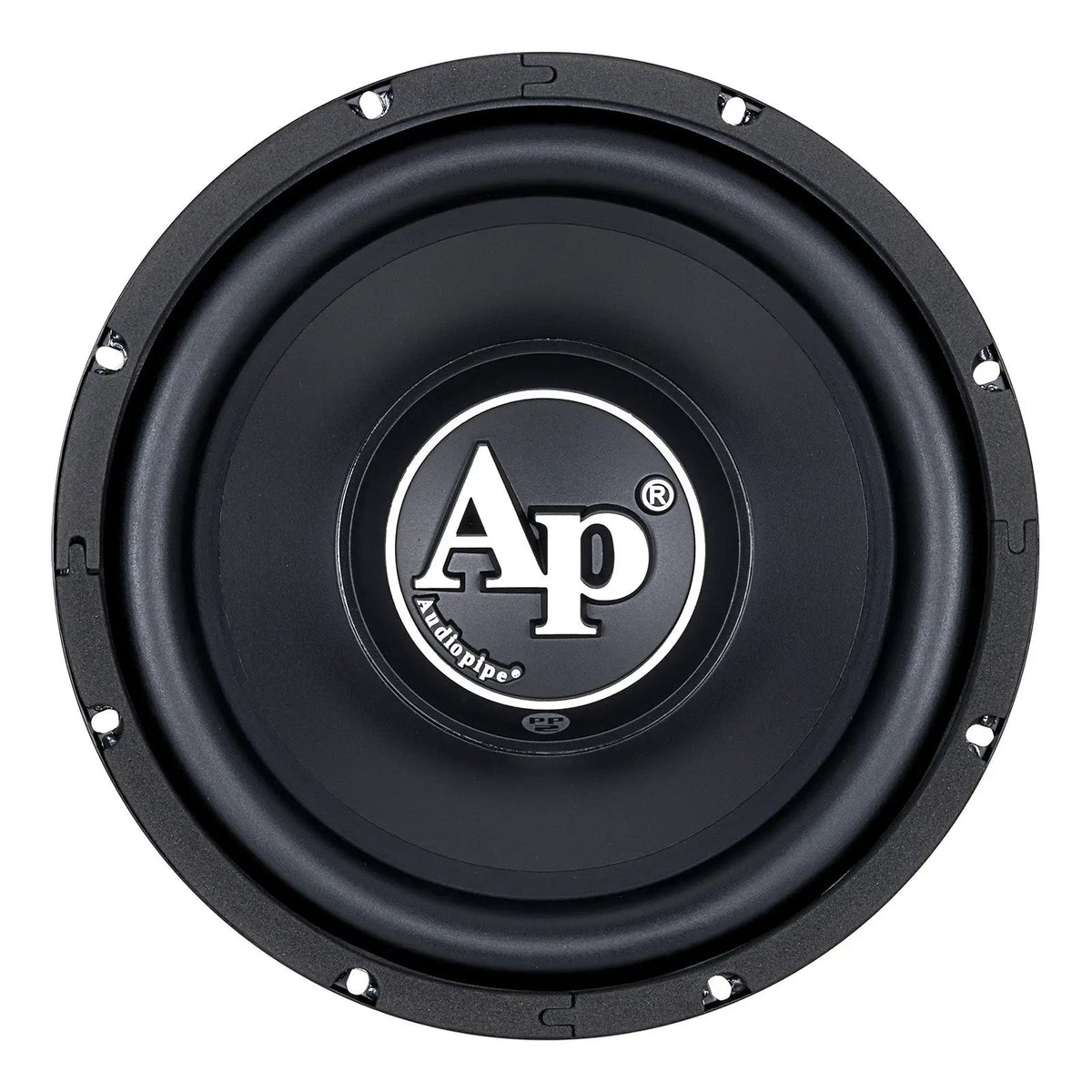 Black Audiopipe subwoofer with an AP center logo, front view