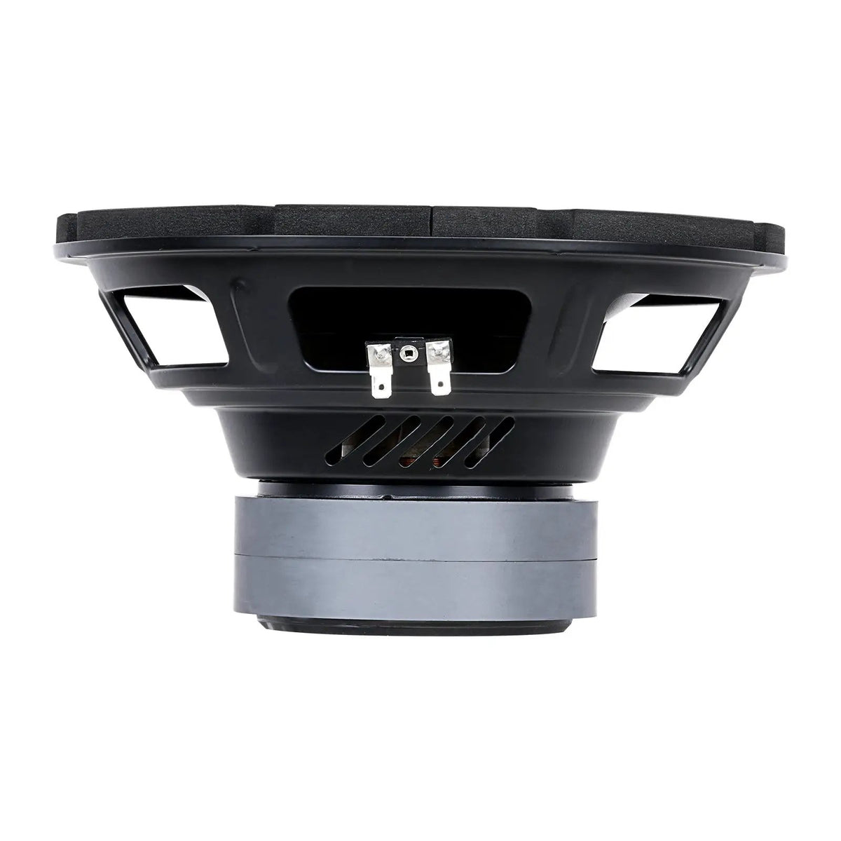 Side view of a black subwoofer showing its open basket, two terminals and stacked gray magnet