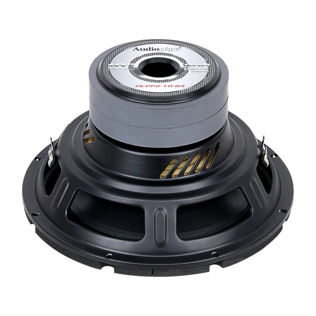 Rear of Audiopipe subwoofer showing its large vented magnet and black basket