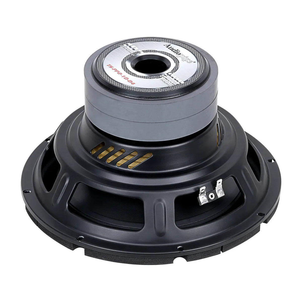 Angled rear view of Audiopipe subwoofer with labeled magnet and spring terminals