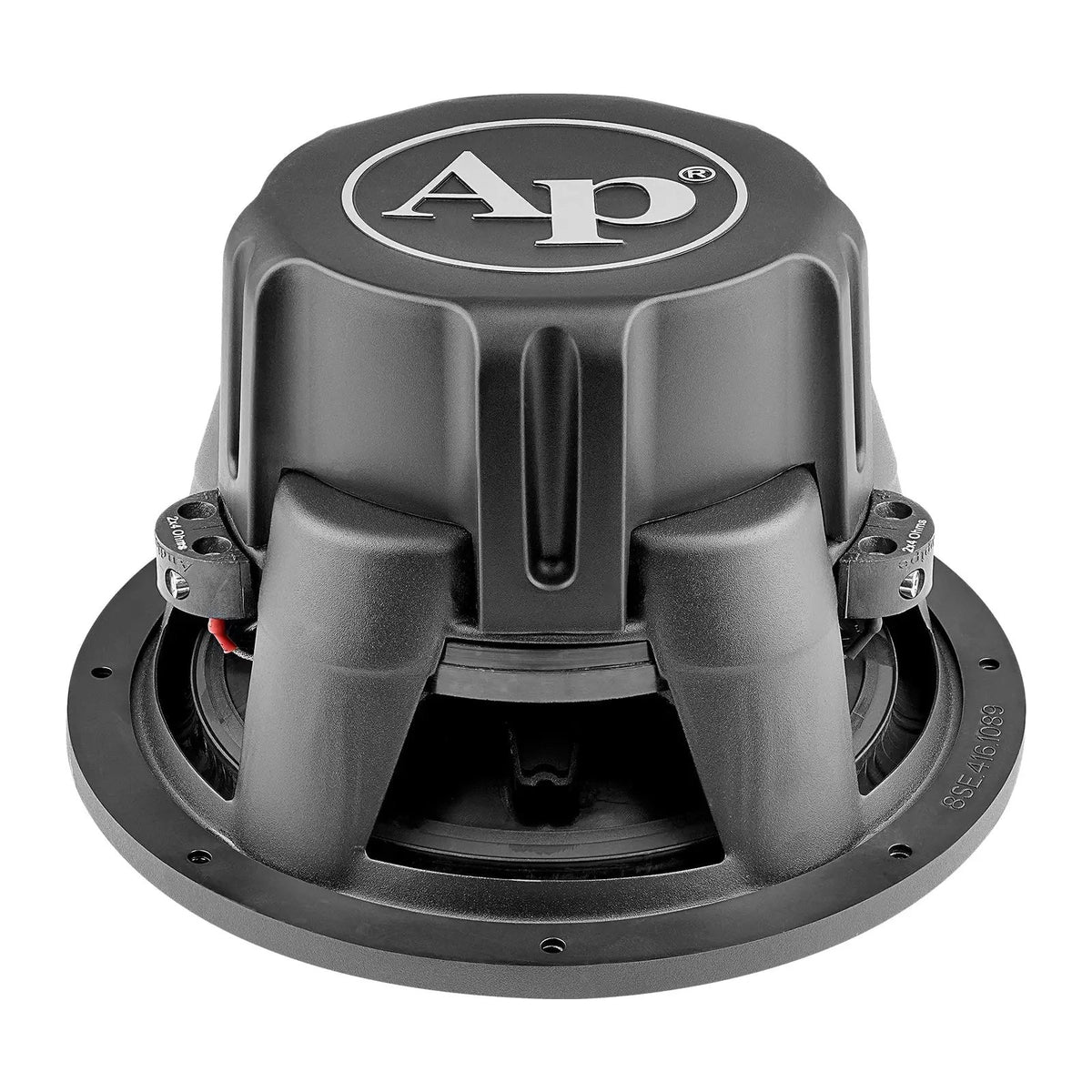 Audiopipe subwoofer, rear view showing an AP-branded motor cover and black basket