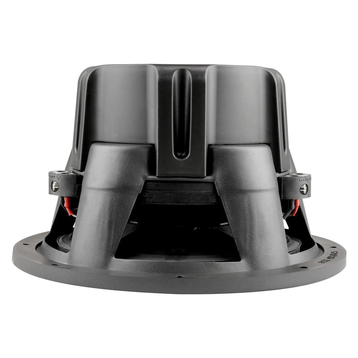 Subwoofer rear-side view showing the black motor cover, basket and terminal leads