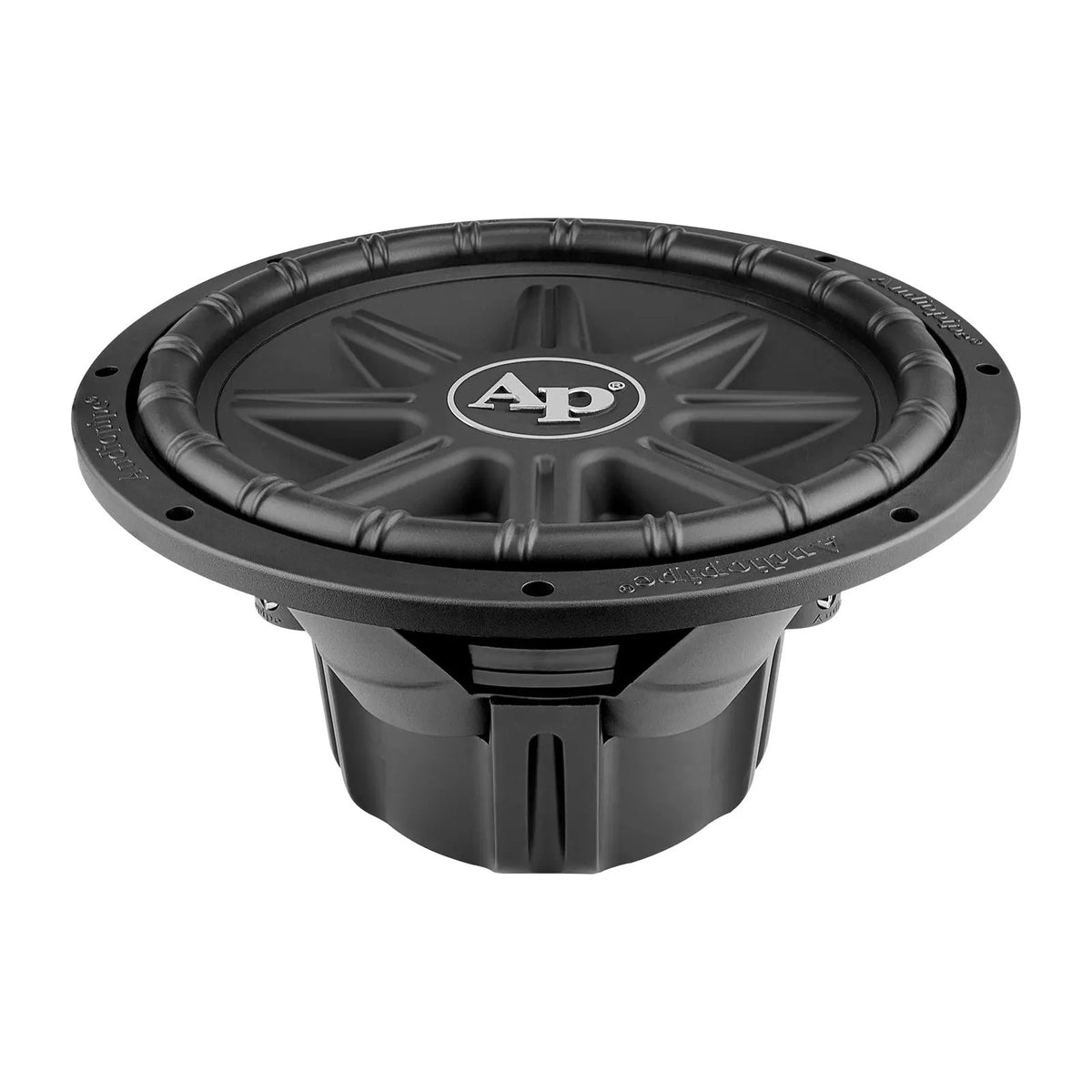 Low front view of an Audiopipe subwoofer with raised cone ribs and a covered magnet below