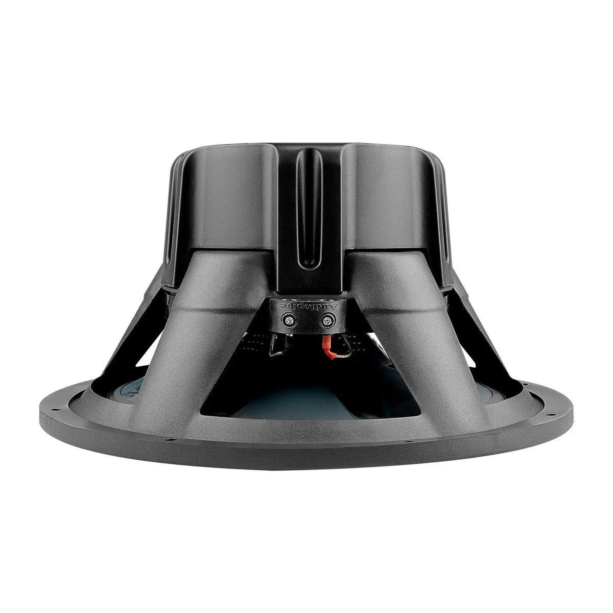 Rear-side view of an Audiopipe subwoofer showing broad basket ribs and terminal block