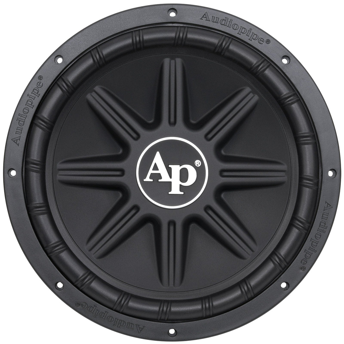 Front view of a black subwoofer with a ribbed cone, thick surround and large white AP logo