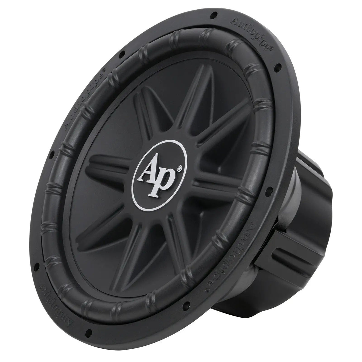 Opposite angled view of a black subwoofer with a ribbed cone and large white AP logo