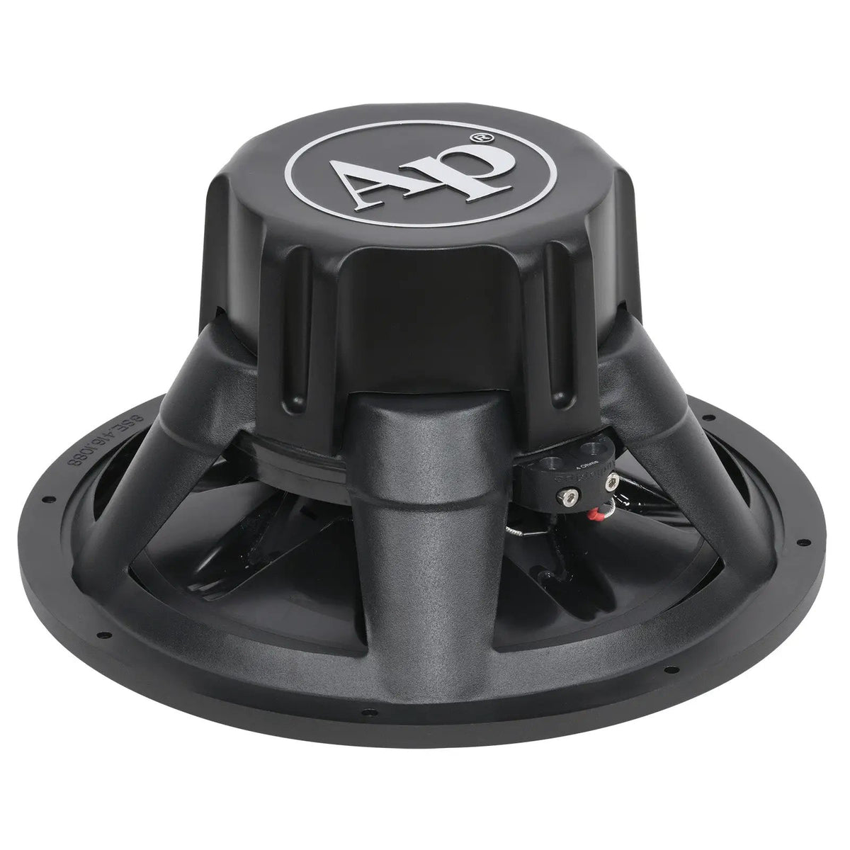 Audiopipe subwoofer rear angled view showing its covered magnet, basket and terminals