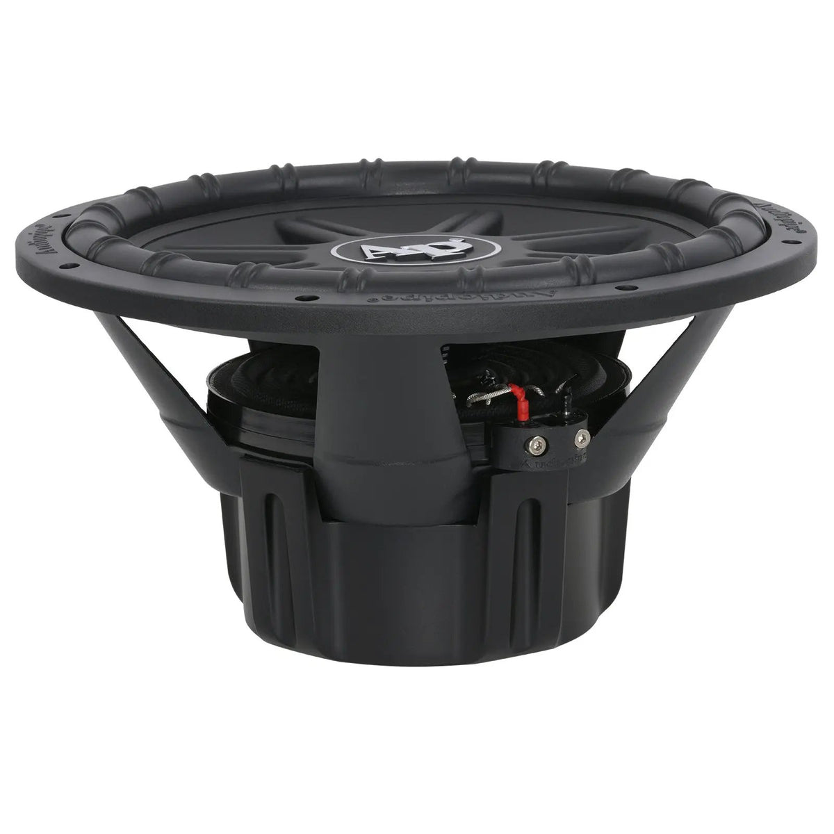 Side view of Audiopipe subwoofer showing its basket and large black magnet cover