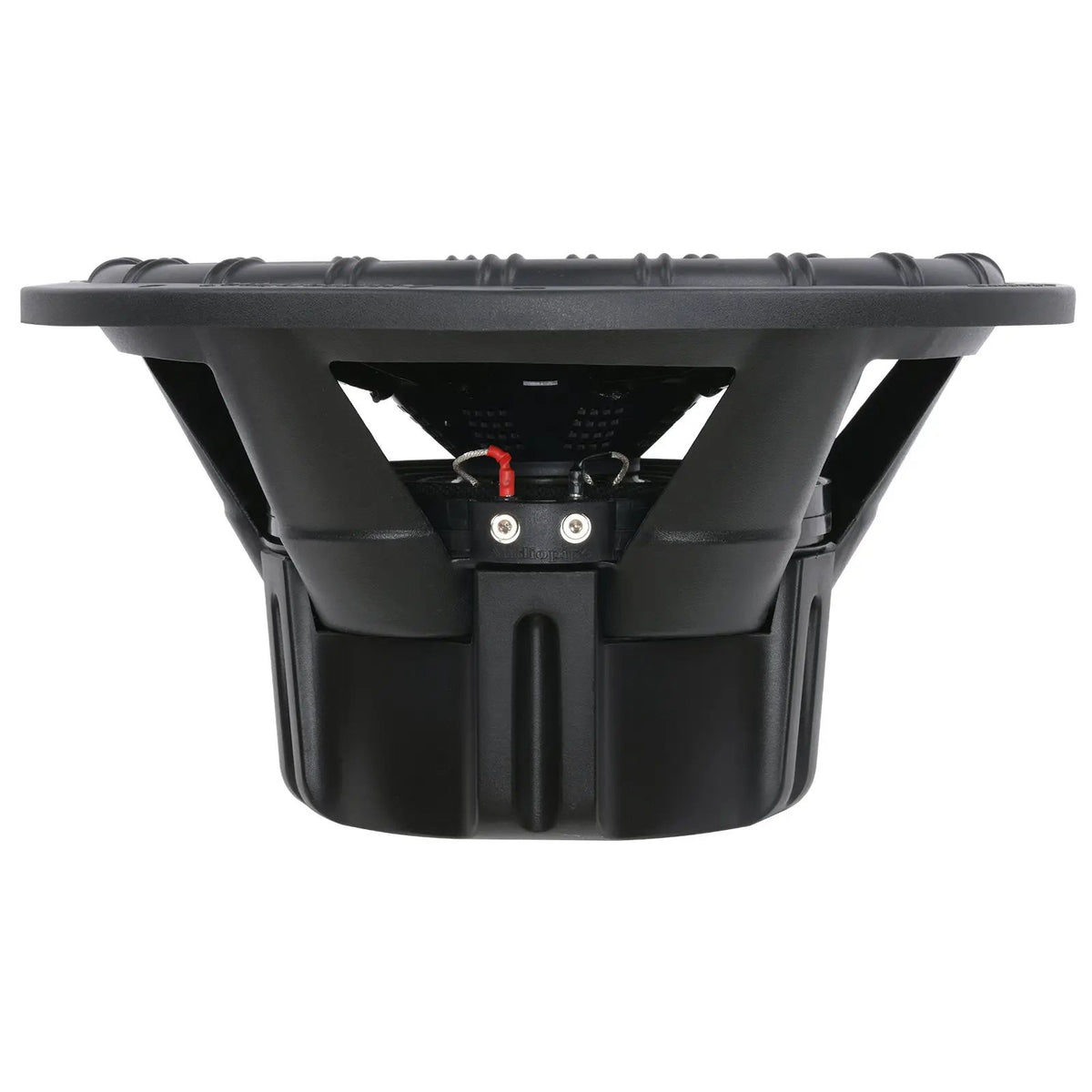 Side view of a black subwoofer showing its open basket, terminal block and deep magnet cover