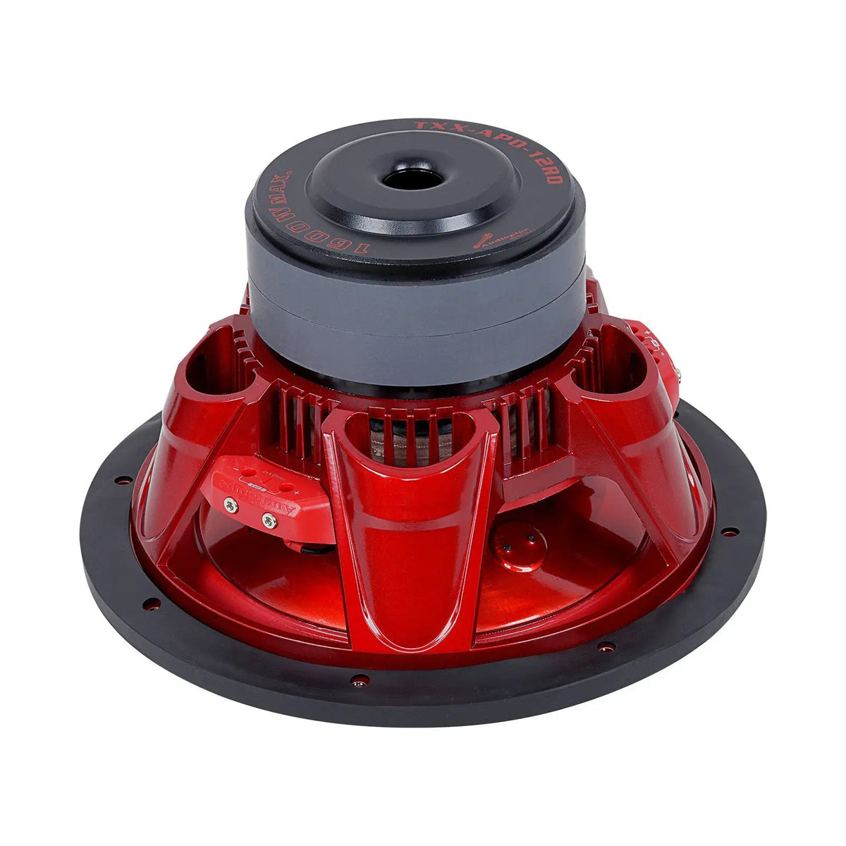 Rear angled view of an Audiopipe subwoofer showing its red basket and magnet from the opposite side