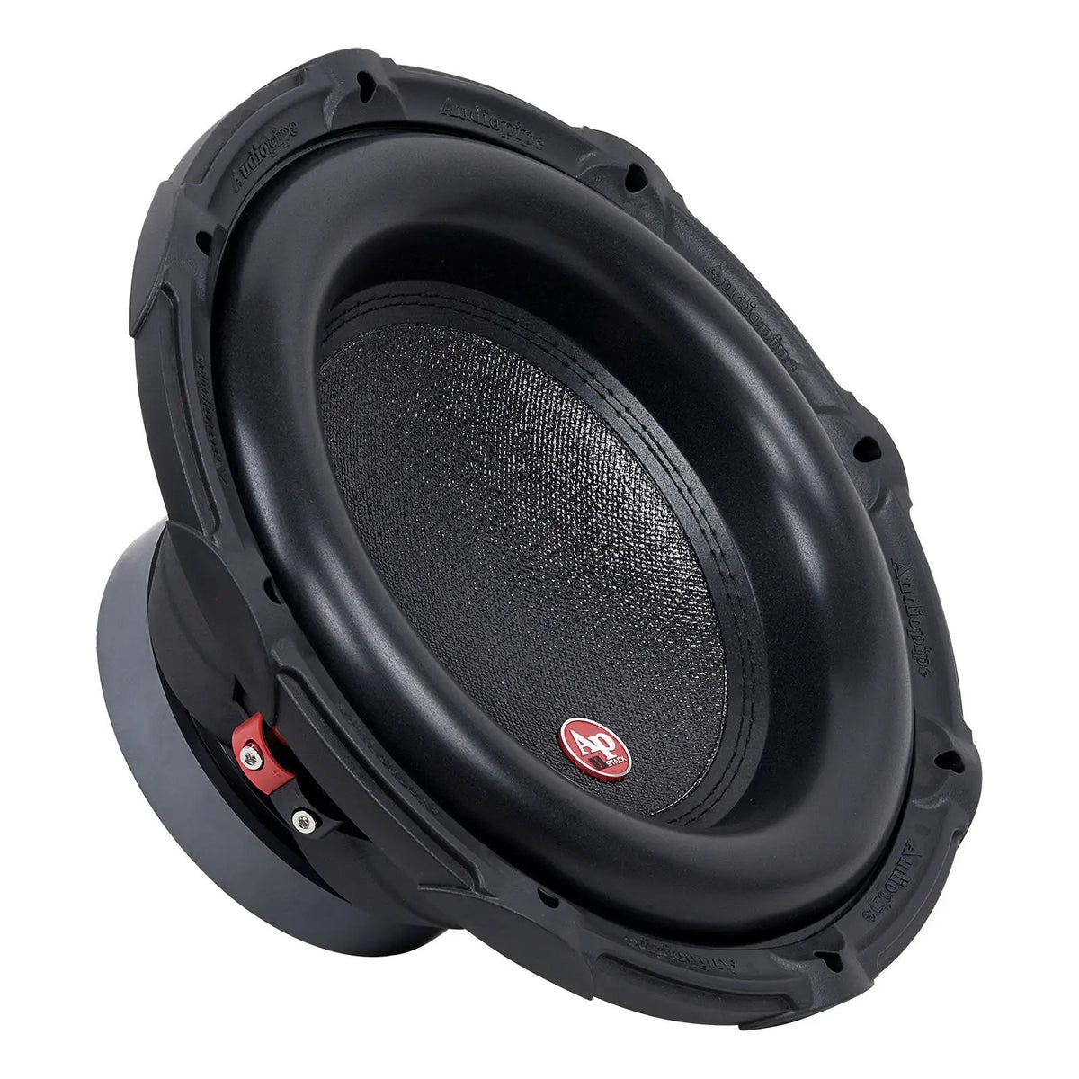 Opposite angled view of a black subwoofer with a thick surround, small red AP badge and side terminal block