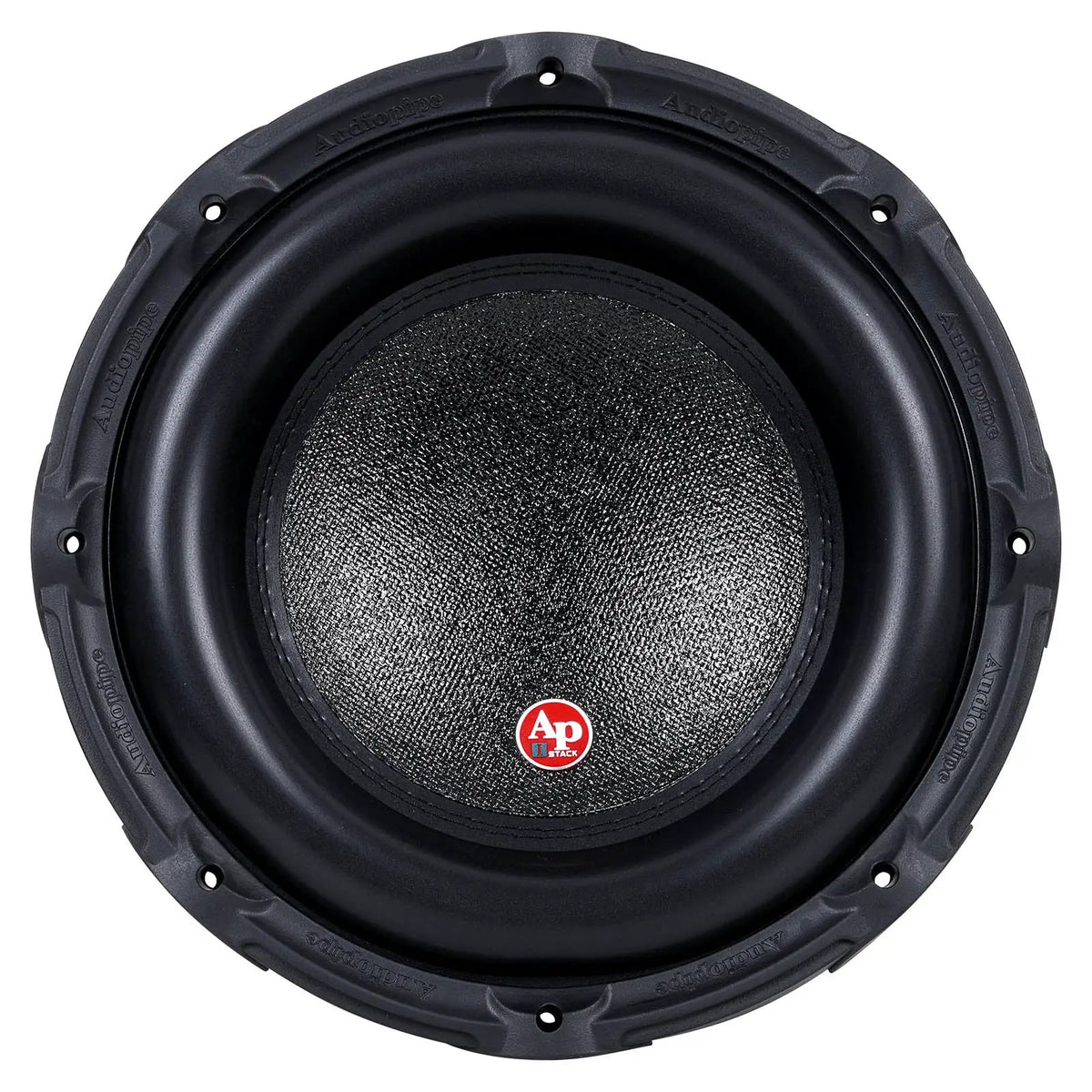 Front of a black Audiopipe subwoofer with a textured cone, wide surround and red AP center badge
