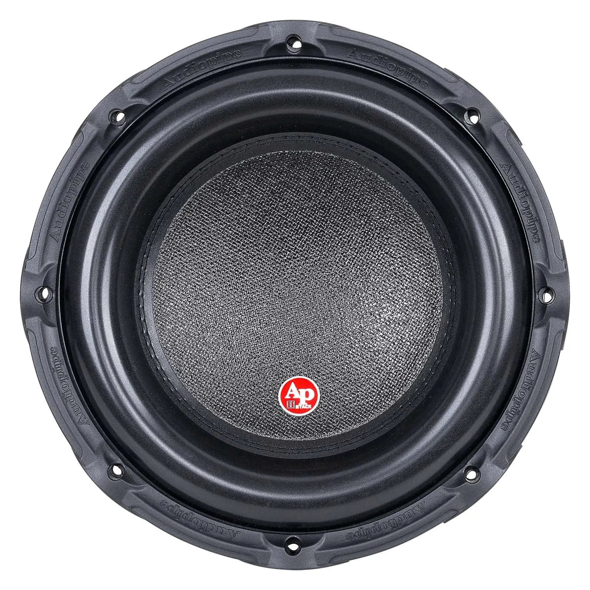 Front view of an Audiopipe subwoofer with textured cone, small red AP badge and scalloped mounting rim