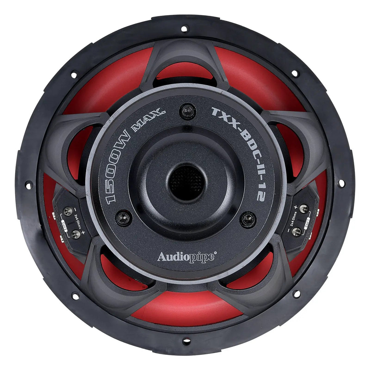 Rear view of an Audiopipe subwoofer marked TXX-BDC-II-12 and 1500W Max
