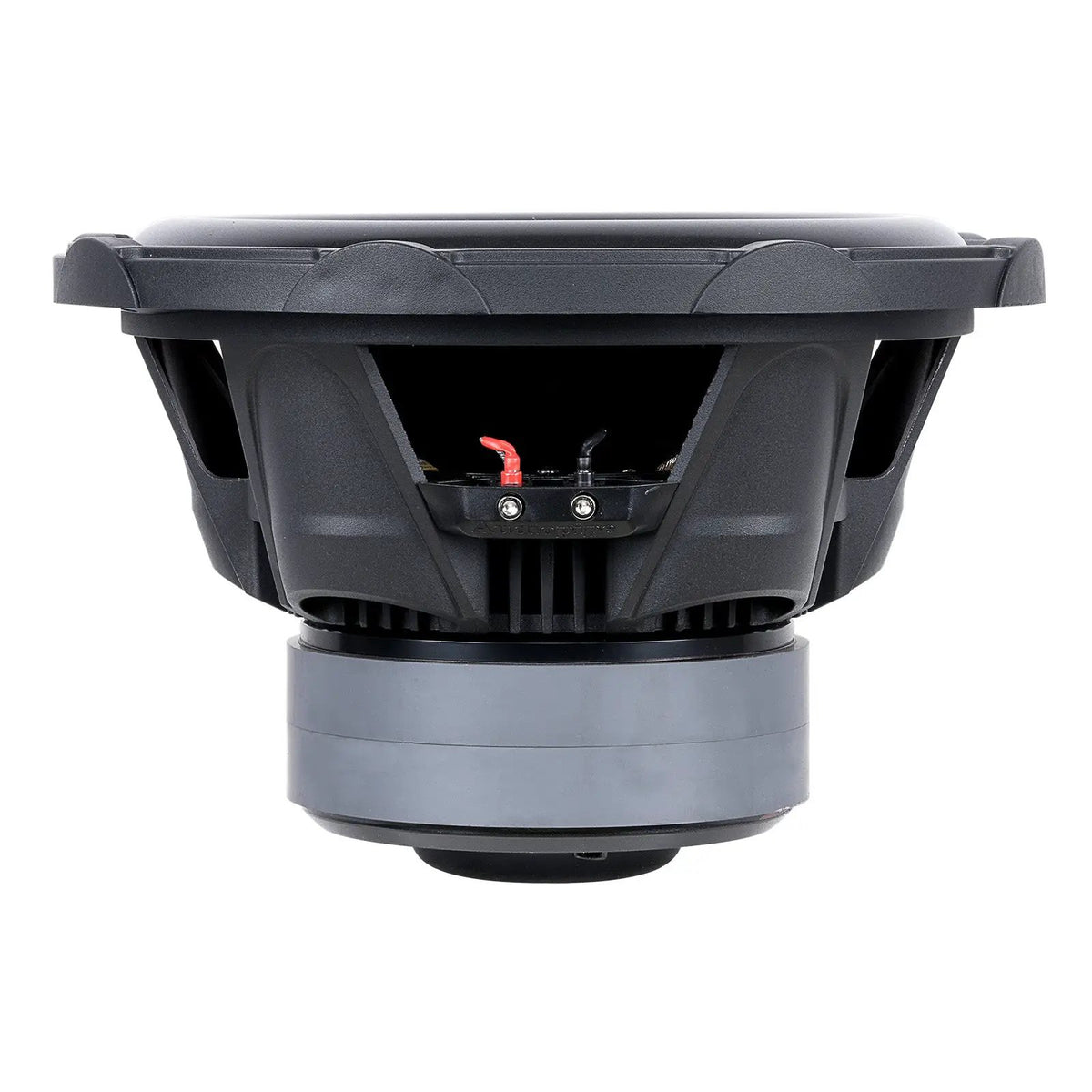 Side view of an Audiopipe subwoofer showing its black basket, terminal block and double-stacked magnets