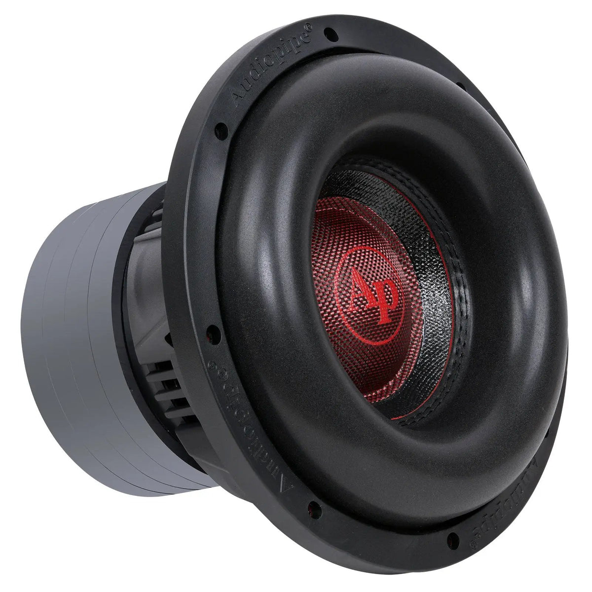 Angled front view of an Audiopipe subwoofer with a red AP logo cap and broad black surround