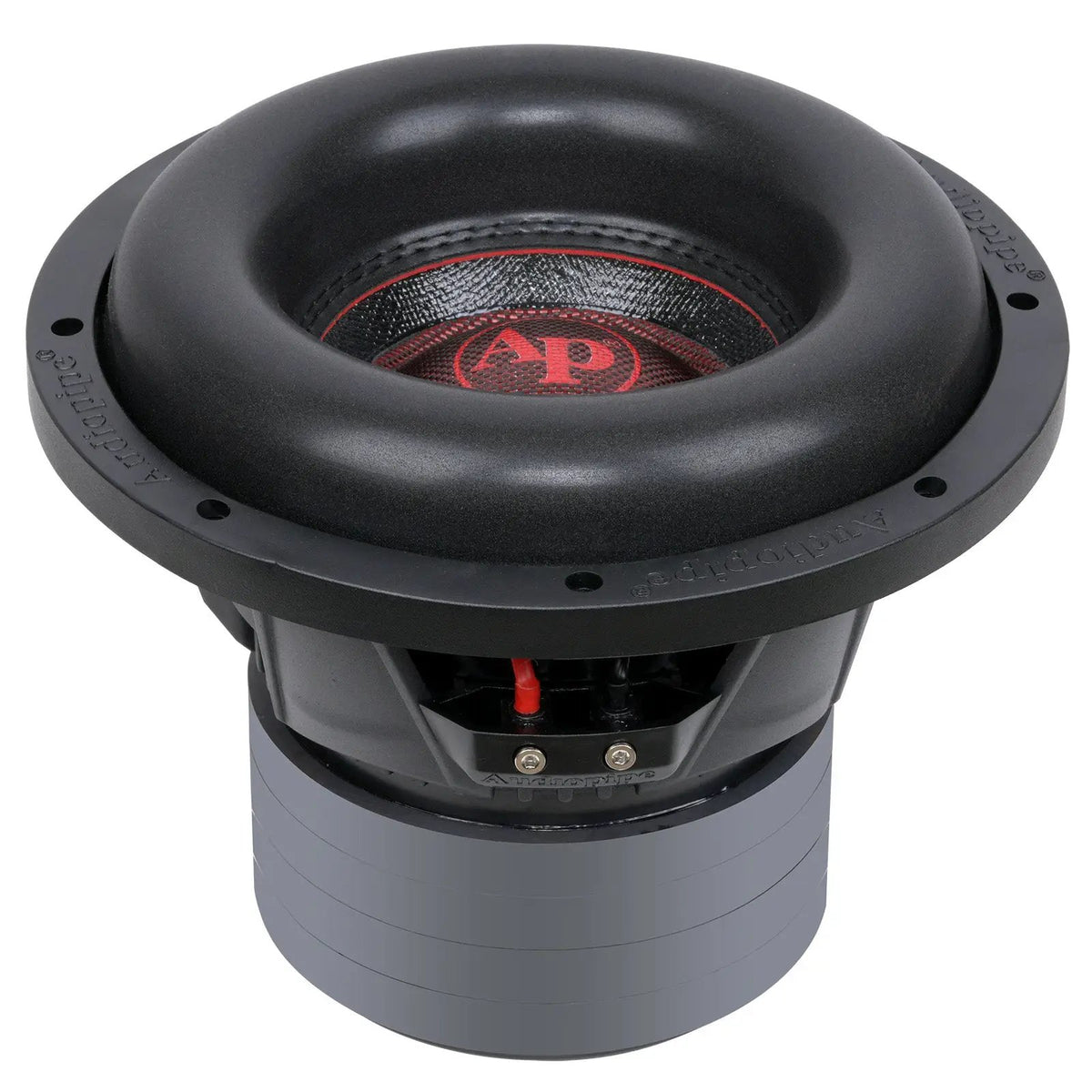 Audiopipe subwoofer angled side view showing its deep surround, basket, terminals and stacked magnet