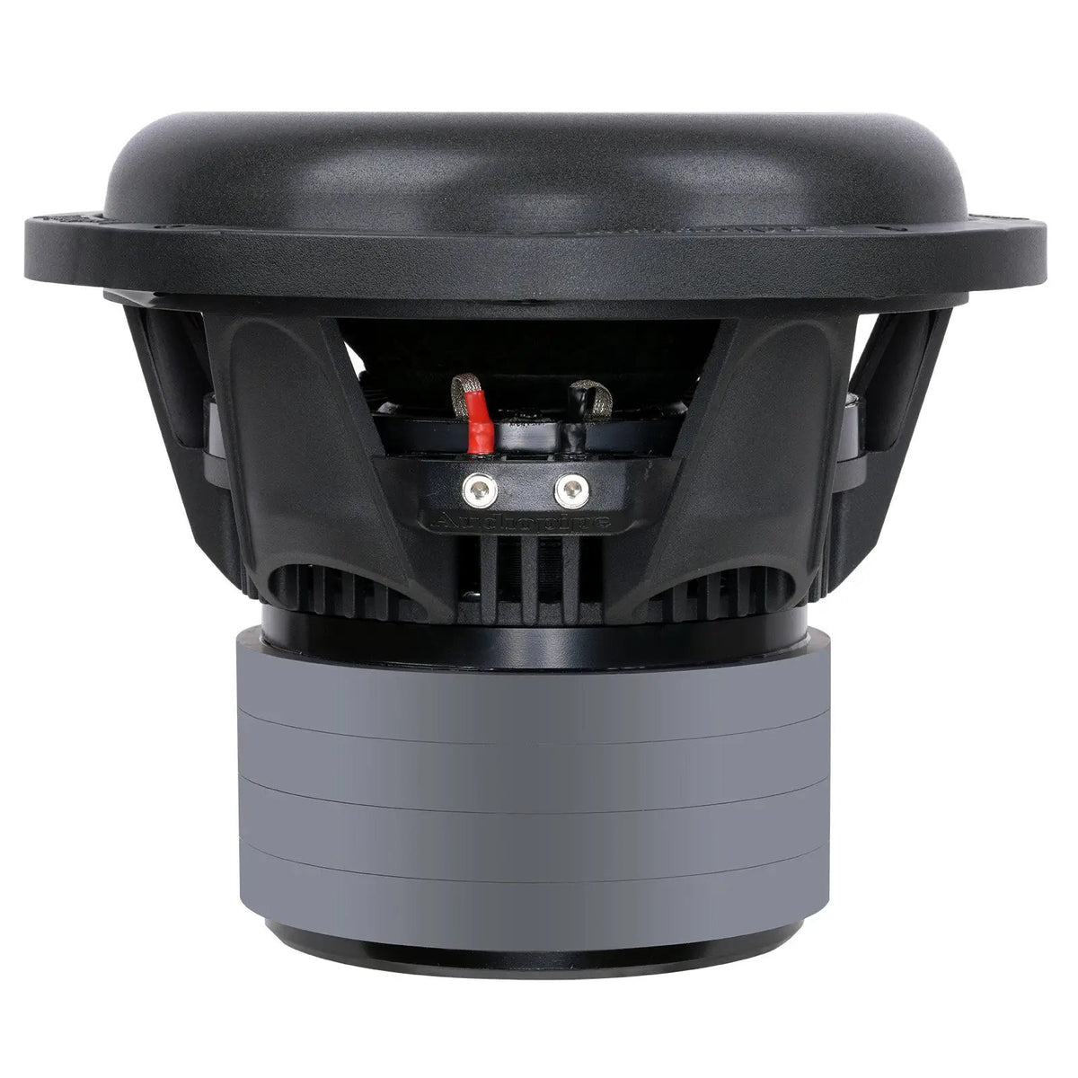 Side profile of an Audiopipe subwoofer showing its tall magnet housing, basket and terminal block