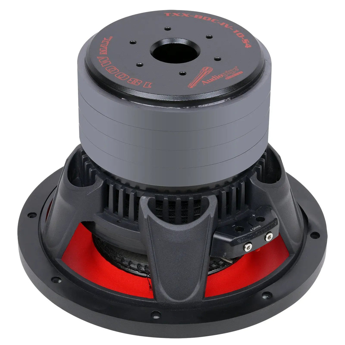 Opposite rear angle of an Audiopipe subwoofer showing its labeled magnet and basket