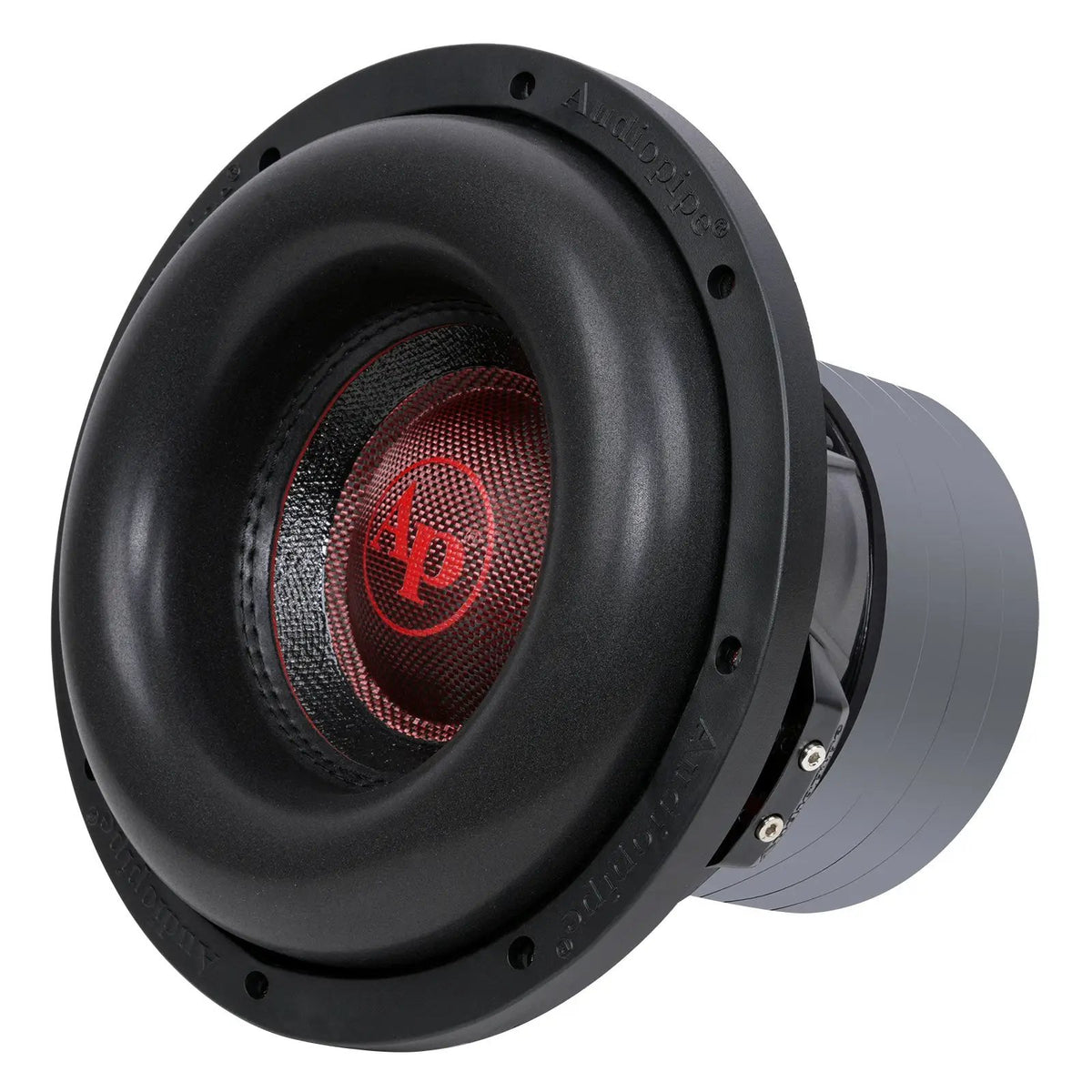 Angled front view of an Audiopipe subwoofer with a red AP logo cap and broad black surround