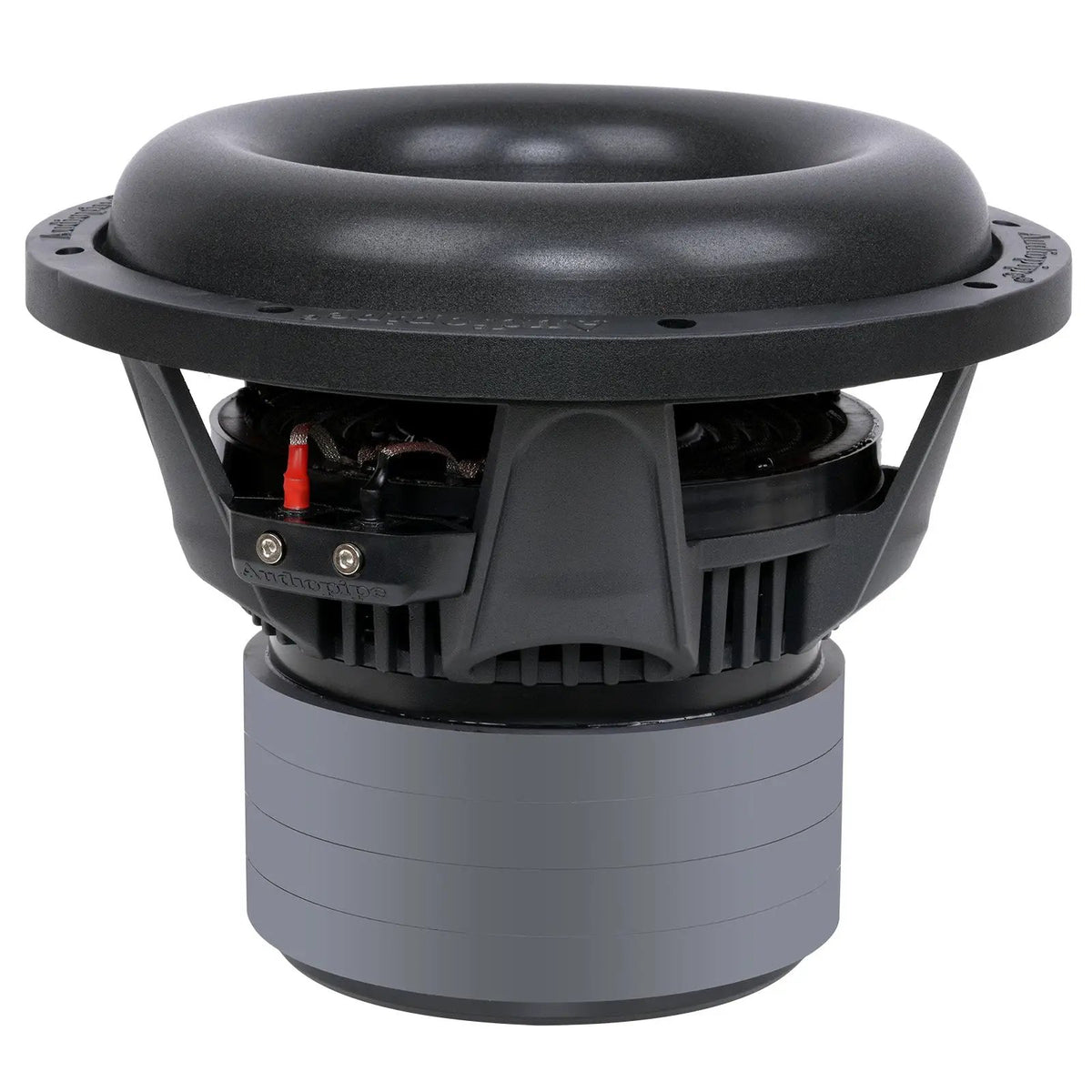 Side angle of an Audiopipe subwoofer showing its basket, tall magnet housing and terminal block