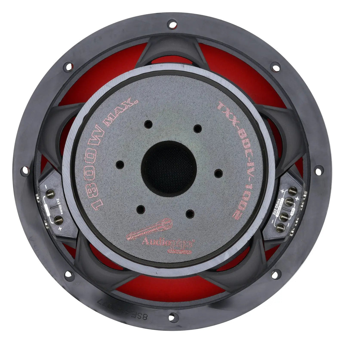 Rear of Audiopipe TXX-BDC-IV-10D2 subwoofer with labeled magnet and dual 2-ohm terminals