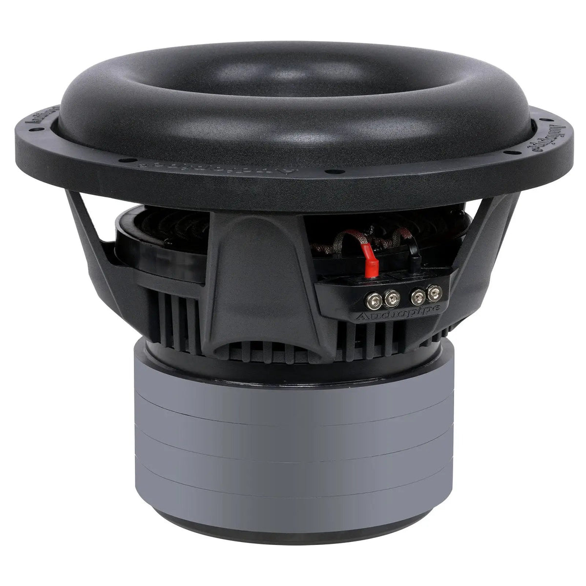 Audiopipe subwoofer side view showing its deep surround, basket, terminals and stacked magnet