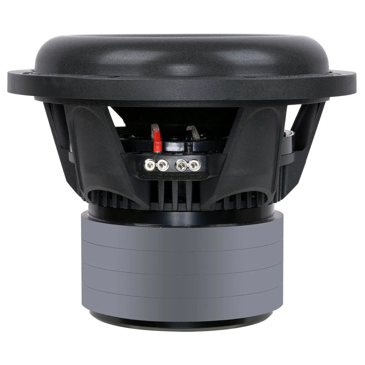 Side of Audiopipe subwoofer showing its stacked magnet, black basket and terminals