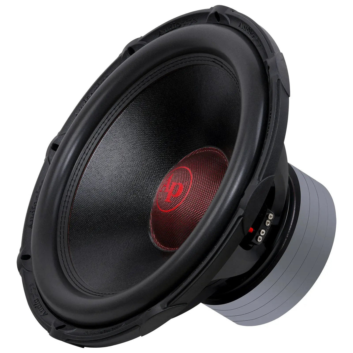 Audiopipe subwoofer with a black cone and red logo, angled view