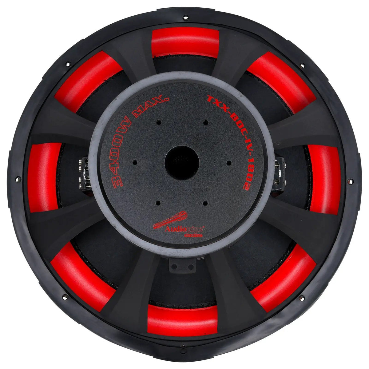 Rear view of an Audiopipe TXX-BDC-IV-18D2 subwoofer with 3400W MAX marking and red trim