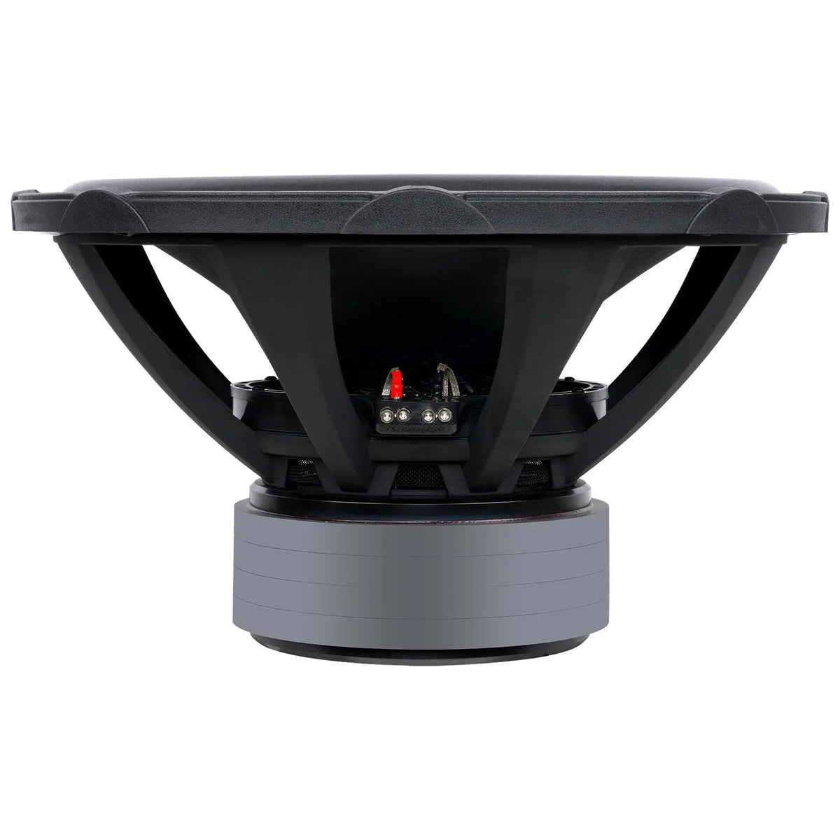 Side view of a black subwoofer with a terminal block centered between its basket supports