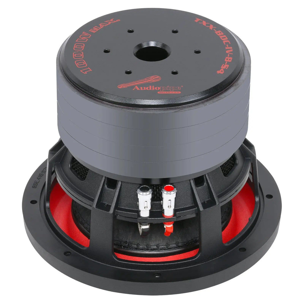 Rear angled view of an Audiopipe TXX-BDC-IV-8-S4 subwoofer showing its labeled magnet and red-and-black terminals