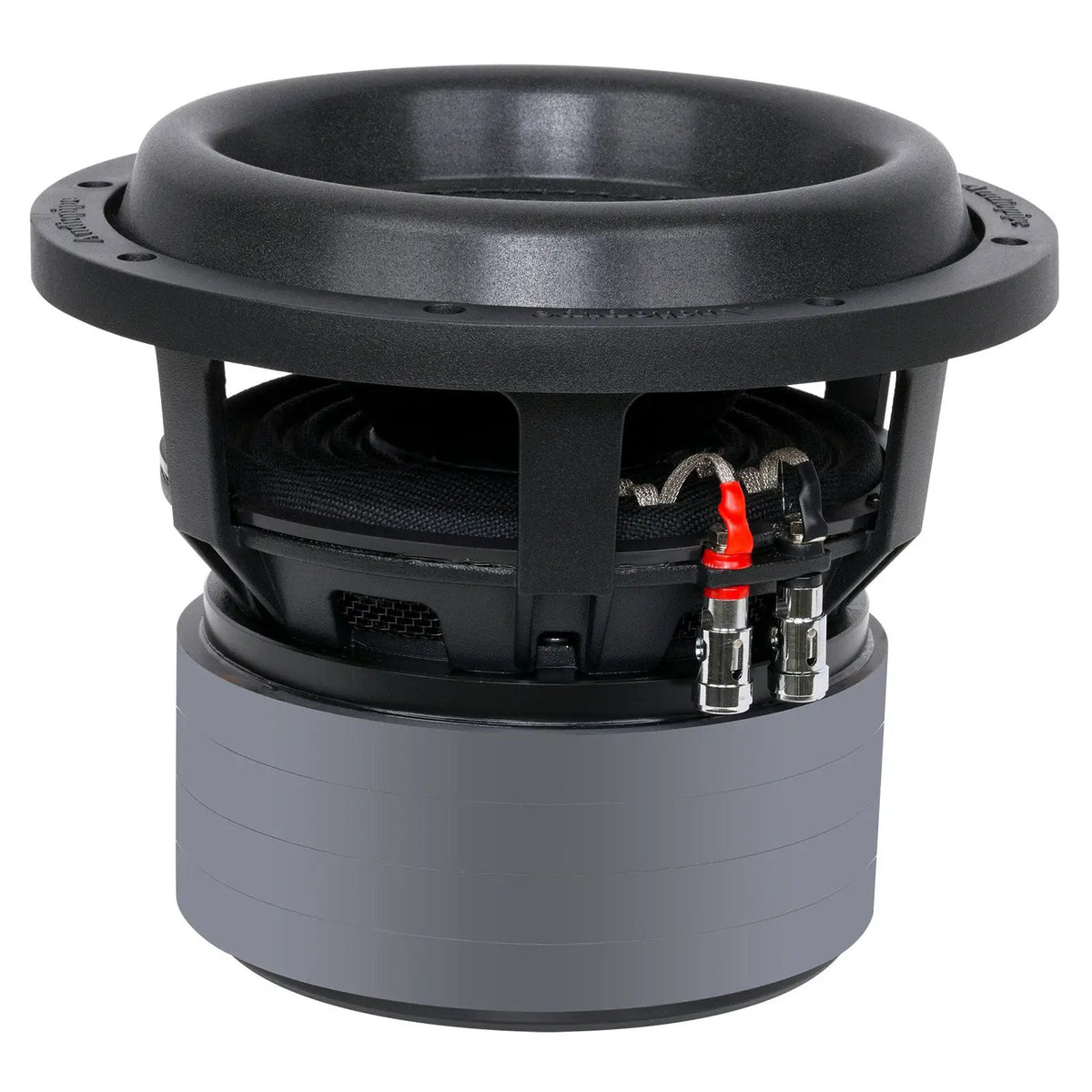 Side angle of an Audiopipe subwoofer showing its tall magnet housing, basket and red-and-black terminals