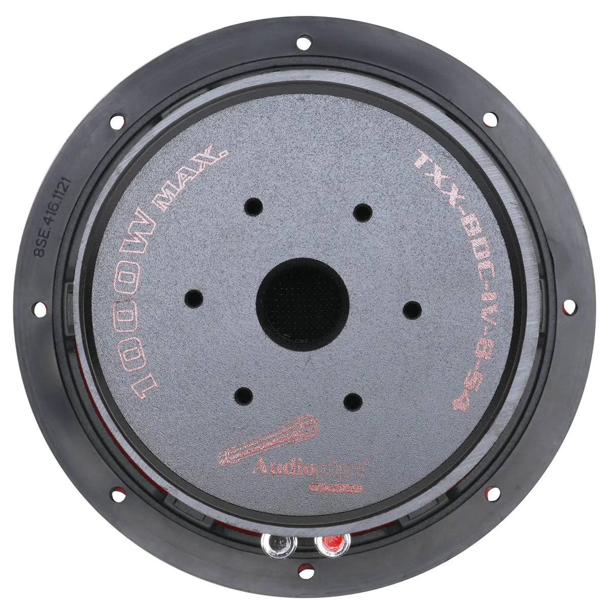 Rear of Audiopipe TXX-BDC-IV-8-S4 subwoofer showing its labeled magnet and red suspension