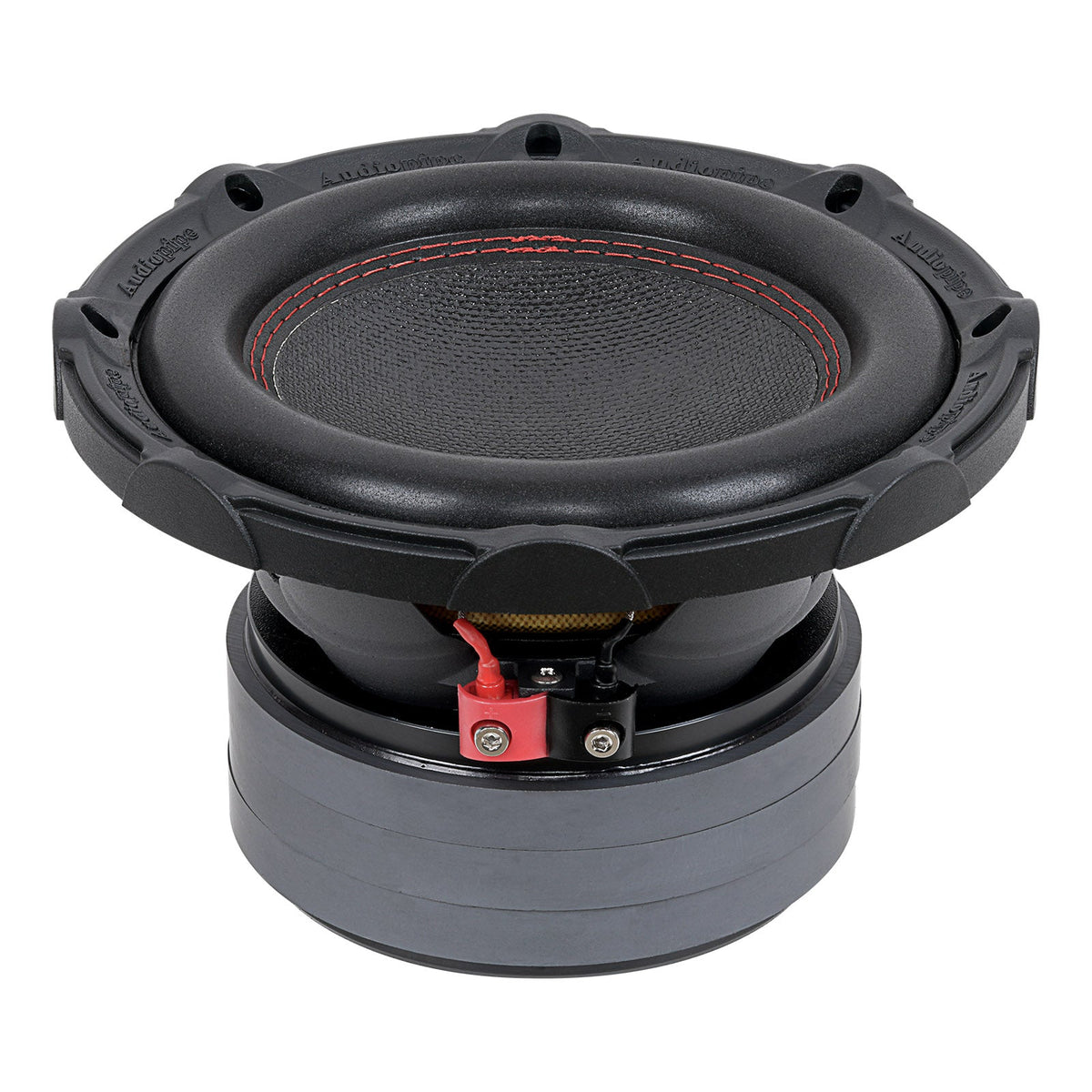 Low-angle Audiopipe subwoofer with red stitching, broad surround and red-and-black terminals