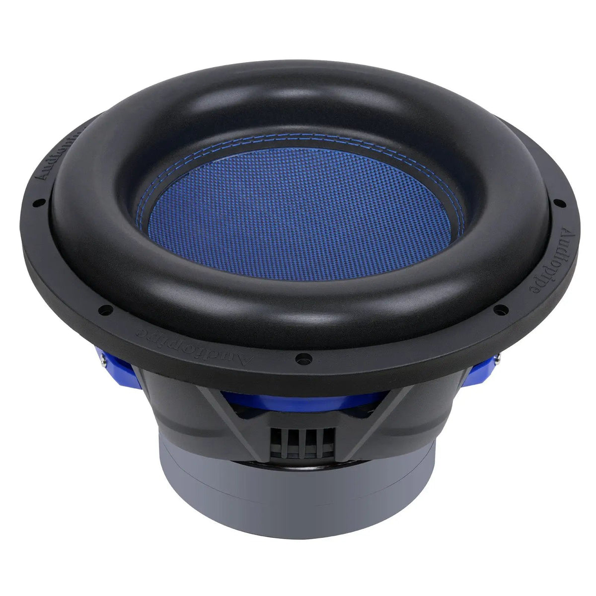 Audiopipe subwoofer with a blue cone, broad black surround and blue basket accents