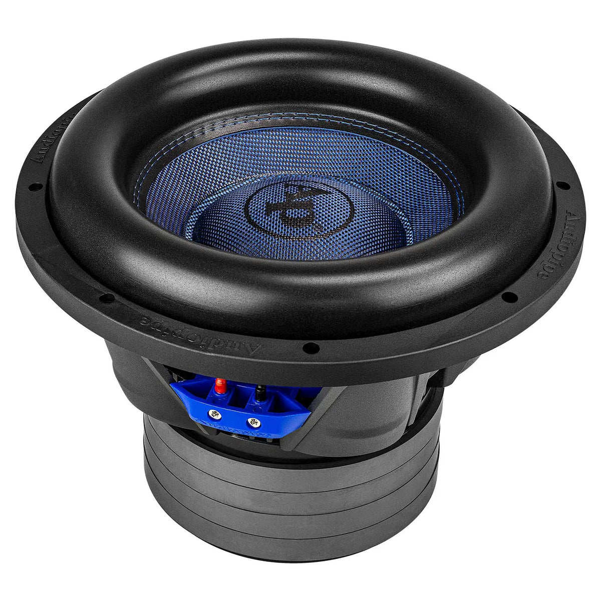 Audiopipe subwoofer with a blue woven cone and stacked motor, angled view