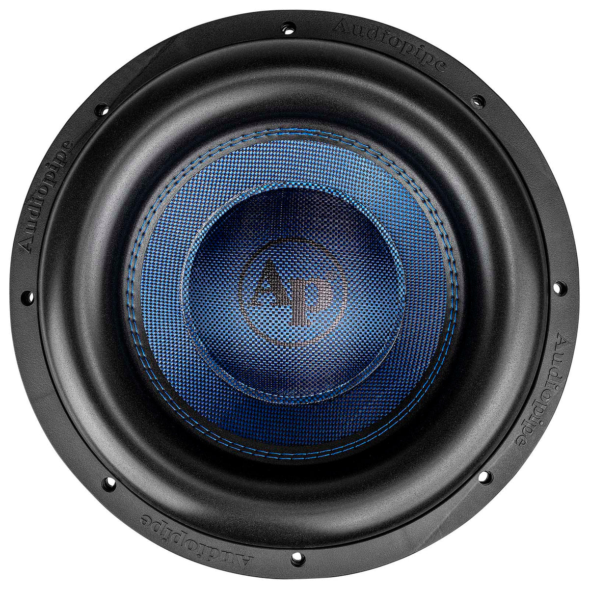 Front view of an Audiopipe subwoofer with a blue patterned cone, AP logo and thick black surround