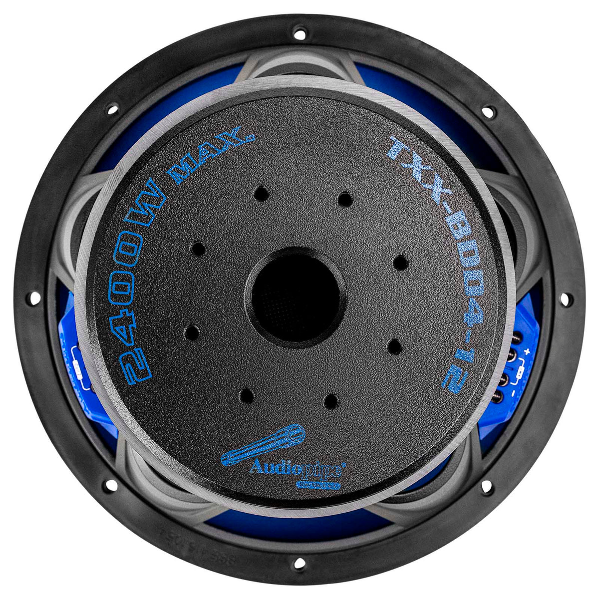 Rear view of an Audiopipe subwoofer with TXX-BDD4-12 and 2400W MAX markings around its central vent