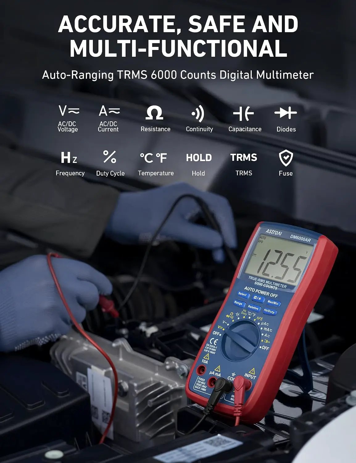 DM6000AR multimeter feature graphic listing voltage, current, resistance, continuity, capacitance, diode and temperature measurements
