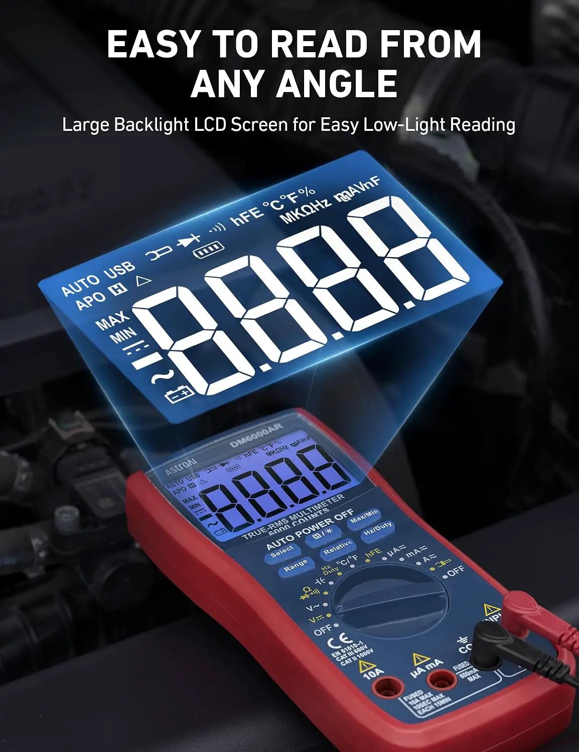 DM6000AR multimeter graphic highlighting its large backlit LCD for low-light and angled viewing