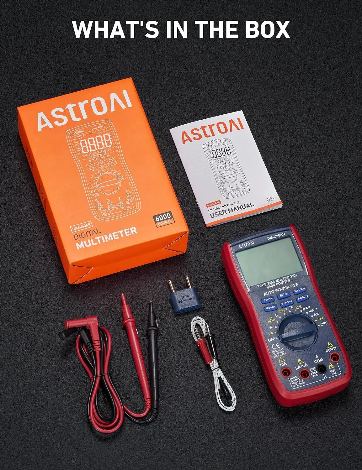 AstroAI multimeter kit with blue-faced meter in a red sleeve, test leads, probe accessories, manual and box