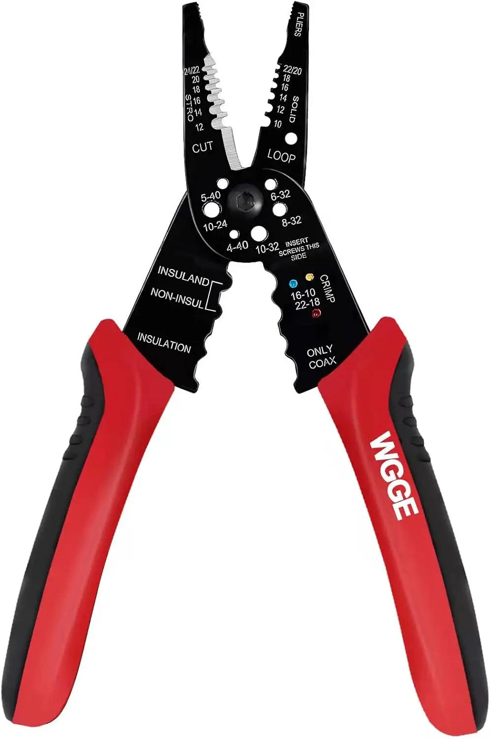 Open multifunction wire stripper and crimper with red-and-black handles and labeled cutting and crimping sections